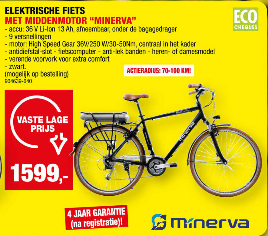 ELEKTRISCHE FIETS MET MIDDENMOTOR "MINERVA" promotie bij Hubo