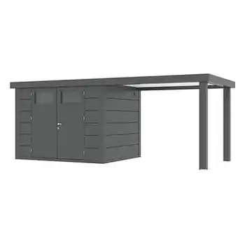Makro Stalen tuinhuis Eleganto 270 x 240 cm dubbele deur met open extensie rechts 280 cm + gratis drempeloprit t.w.v. € 179,00 aanbieding