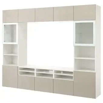 Bestå tv-opbergcombi/vitrinedeuren, wit/selsviken hoogglans/beige helder glas, 300x42x231 cm