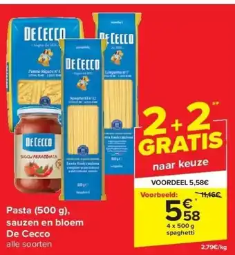 Carrefour Pasta (500 g), sauzen en bloem de cecco aanbieding