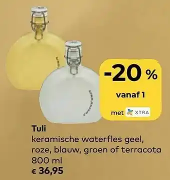Bio Planet Tuli keramische waterfles geel, roze, blauw, groen of terracota aanbieding