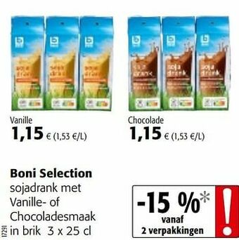 Colruyt Boni selection sojadrank met vanille- of chocoladesmaak aanbieding