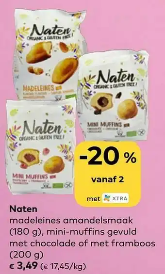 Bio Planet Naten madeleines amandelsmaak mini-muffins gevuld met chocolade of met framboos aanbieding