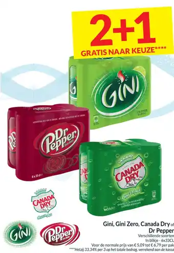 Intermarché Gini, Gini Zero, Canada Dry of Dr Pepper Verschillende soorten In blikje - 6x33CL aanbieding