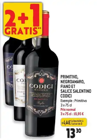 PRIMITIVO, NEGROAMARO, FIANO ET SALICE SALENTINO CODICI 3 x 75 cl