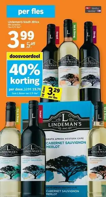 Albert Heijn Lindeman`s wijn South Africa 0,75 liter aanbieding