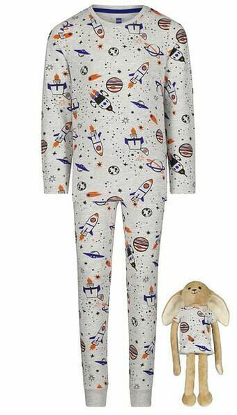 HEMA HEMA Kinderpyjama En Poppennachtshirt (t/m 122/128) Space Grijsmelange (grijsmelange) aanbieding