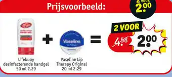 Kruidvat Lifebour desinfecterende handgel 50ml + Vaseline lip therapy original 20ml aanbieding