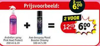 Kruidvat Andrelon spray pink heat protect 200ml + Axe deospray mood booster dreamy 100ml aanbieding