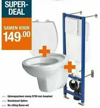Cevo Ophangsysteem siamp d750 met duwplaat + wandcloset sphinx + wc zitting boreo wit aanbieding