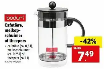 Bodum cafetière, melkopschuimer of theepers