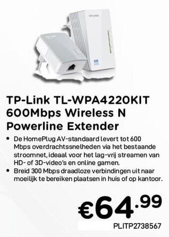CompuDeals Tp-link tl-wpa4220kit 600mbps wireless n powerline extender aanbieding