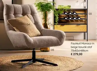 Fauteuil Monaco in beige bouclé stof 73 x 82 x H88 cm