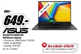MediaMarkt Asus laptop vivobook 16 m1605ya amd ryzen 7 5825u (90nb10r1-m00nx0) aanbieding