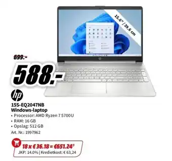 MediaMarkt Hp laptop 15s-eq2047nb amd ryzen 7 5700u (67a40ea) aanbieding
