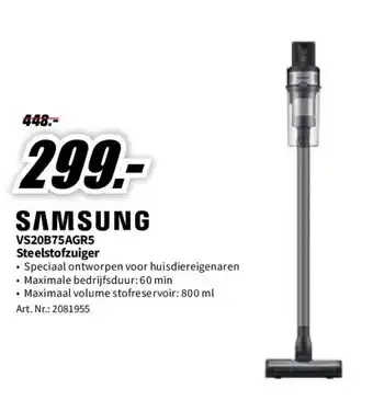 MediaMarkt Samsung steelstofzuiger jet 75e pet stick (vs20b75agr5/wa) aanbieding