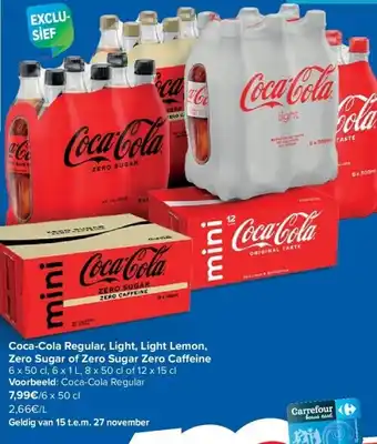 Carrefour Coca-cola regular, light, light lemon, zero sugar of zero sugar zero caffeine 6 x 50cl, 6 x 1L, 8x50cl of 12 x 15cm aanbieding
