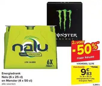 Carrefour Energiedrank nalu (6 x 25 cl) en monster (4 x 50 cl) aanbieding