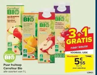 Carrefour Puur fruitsap carrefour bio 4 x 1L aanbieding