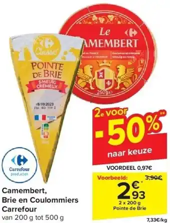 Carrefour Camembert, brie en coulommiers carrefour 2 x 200g aanbieding