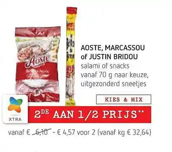 Spar Colruyt Aoste, Marcassou Of Justin Bridou Salami Of Snacks 70 gram aanbieding