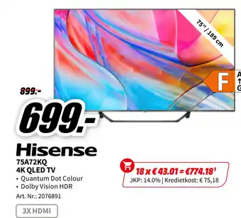 MediaMarkt Hisense 75A72KQ 4K QLED TV aanbieding