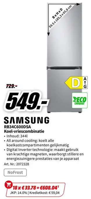 SAMSUNG RB34C600DSA Koel-vriescombinatie 59.5 x 185.3 x 65.8cm