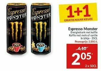 Intermarché Espresso monster energiedrank met koffie koffie met melk of vanille aanbieding