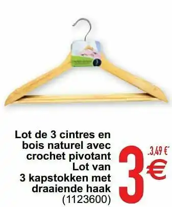 Lot de 3 cintres en bois naturel avec crochet pivotant lot van 3 kapstokken met draaiende haak