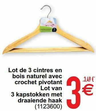 Lot de 3 cintres en bois naturel avec crochet pivotant lot van 3 kapstokken met draaiende haak