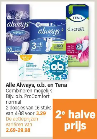 Albert Heijn Alle always, o.b. en tena aanbieding