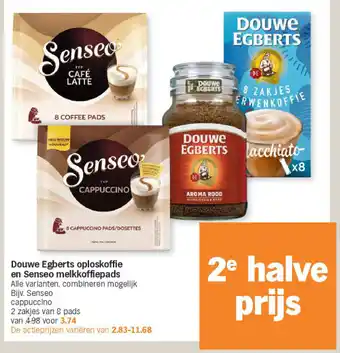 Albert Heijn Douwe egberts oploskoffie en senseo melkkoffiepads aanbieding