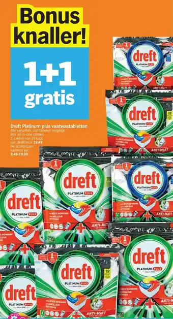 Albert Heijn Dreft Platinum Plus vaatwastabletten 1+1 aanbieding
