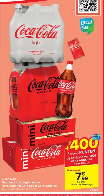 Carrefour Market Coca-Cola Regular, Light, Light Lemon, Zero Sugar of Zero Sugar Zero Caffeine 6 x 1 L, 6 x 50 cl of 12 x 15 cl aanbieding