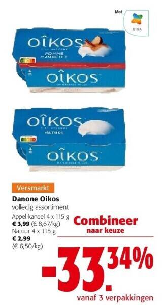 Colruyt Danone oikos volledig assortiment appel-kaneel 4 x 115 g aanbieding