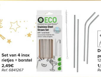 Carrefour Set van 4 inox rietjes + borstel aanbieding