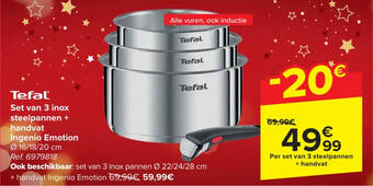 Carrefour Tefal Set van 3 inox steelpannen + handvat Ingenio Emotion aanbieding