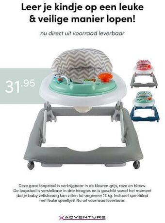 Baby & Tiener Deze gave loopstoel is verkrijgbaar in de kleuren grijs, roze en blauw aanbieding