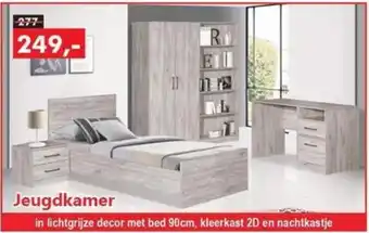 Jeugdkamer in lichtgrijze decor met bed 90cm, kleerkast 2D en nachtkastje