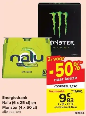 Carrefour Energiedrank nalu (6 x 25 cl) en monster (4 x 50 cl) aanbieding