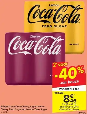 Carrefour Blikjes coca-cola cherry, light lemon, cherry zero sugar en lemon zero sugar aanbieding