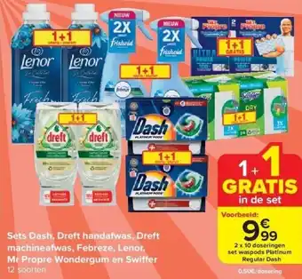 Carrefour Sets dash, dreft handafwas, dreft machineafwas, febreze, lenor, mr propre wondergum en swi er aanbieding