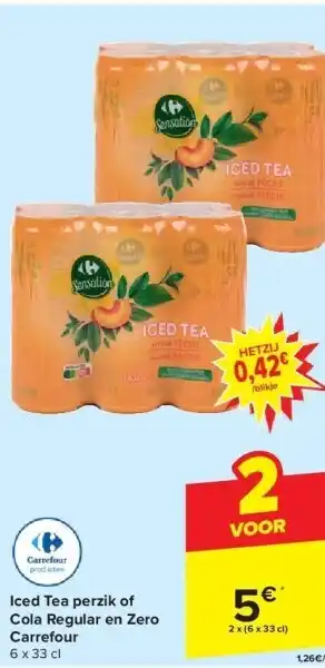 Carrefour Iced tea perzik of cola regular en zero carrefour aanbieding