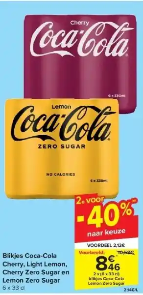 Carrefour Blikjes coca-cola cherry, light lemon, cherry zero sugar en lemon zero sugar aanbieding