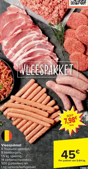 Vleespakket: 6 Toulouse-worsten, 8hamburgers, 1,5kg spiering, 14varkenschipolata's, 500g pitavlees en 1kg varkens/kalfsgehakt