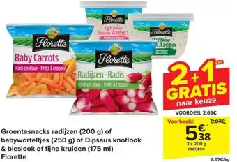 Carrefour Market Florette Groentesnacks radijzen (200 g) of babyworteltjes (250 g) of Dipsaus knoflook & bieslook of fijne kruiden (175 ml) aanbieding