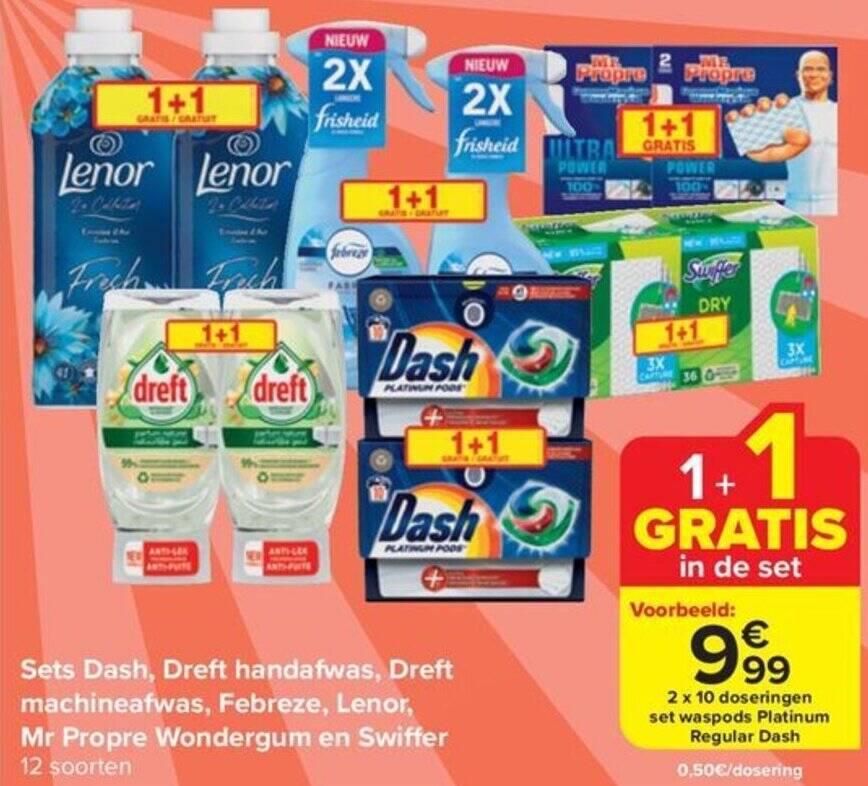 Carrefour Market Sets Dash, Dreft handafwas, Dreft machineafwas, Febreze, Lenor, Mr Propre Wondergum en Swiffer aanbieding