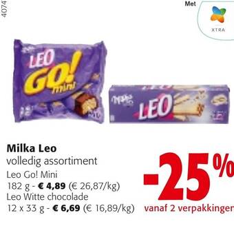 Colruyt Milka Leo Leo Go! Mini 182g of Leo Witte Chocolade 12 x 33g aanbieding