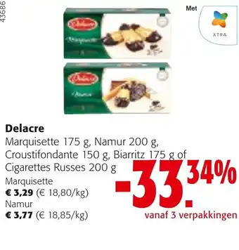Colruyt Delacre Marquisette 175 g, Namur 200 g, Croustifondante 150 g, Biarritz 175 g of Cigarettes Russes 200 g aanbieding