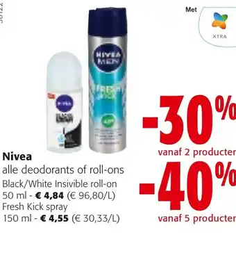 Colruyt Nivea Black/White Insivible roll-on 50 ml of Fresh Kick spray 150 ml aanbieding